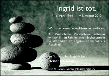 Traueranzeige von Ingrid Conrad von Rüsselsheimer Echo, Groß-Gerauer-Echo, Ried Echo