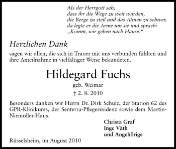 Traueranzeige von Hildegard Fuchs von Rüsselsheimer Echo, Groß-Gerauer-Echo, Ried Echo