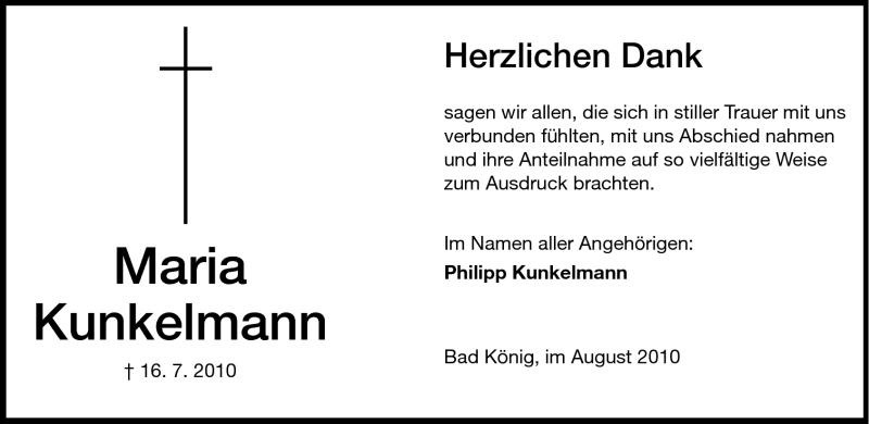  Traueranzeige für Maria Kunkelmann vom 14.08.2010 aus Odenwälder Echo