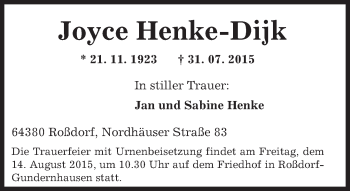 Traueranzeige von Joyce Henke-Dijk von trauer.echo-online.de