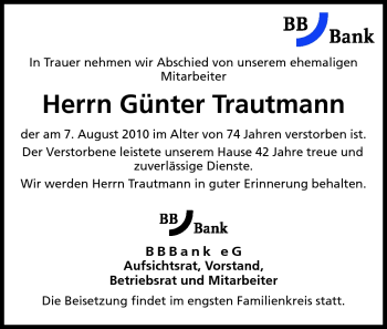Traueranzeige von Günter Trautmann von Echo-Zeitungen (Gesamtausgabe)