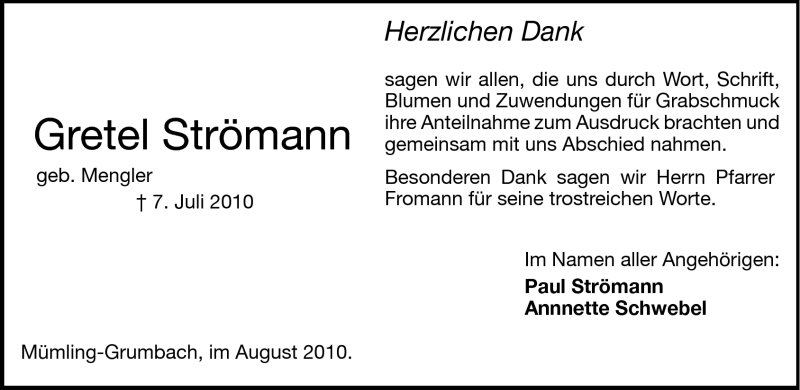  Traueranzeige für Gretel Strömann vom 14.08.2010 aus Echo-Zeitungen (Gesamtausgabe)