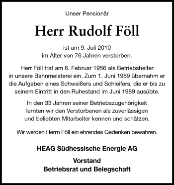 Traueranzeige von Rudolf Föll von Darmstädter Echo, Odenwälder Echo, Rüsselsheimer Echo, Groß-Gerauer-Echo, Ried Echo
