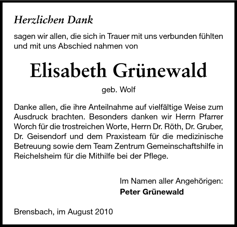 Traueranzeige für Elisabeth Grünewald vom 14.08.2010 aus Echo-Zeitungen (Gesamtausgabe)