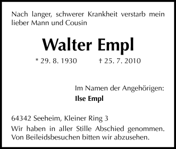 Traueranzeige von Walter Empl von Echo-Zeitungen (Gesamtausgabe)