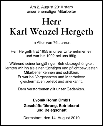 Traueranzeige von Karl Wenzel Hergeth von Echo-Zeitungen (Gesamtausgabe)