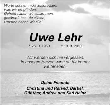 Traueranzeige von Uwe Lehr von Echo-Zeitungen (Gesamtausgabe)