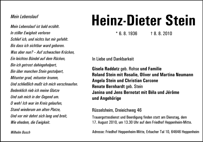  Traueranzeige für Heinz-Dieter Stein vom 14.08.2010 aus Darmstädter Echo, Odenwälder Echo, Rüsselsheimer Echo, Groß-Gerauer-Echo, Ried Echo