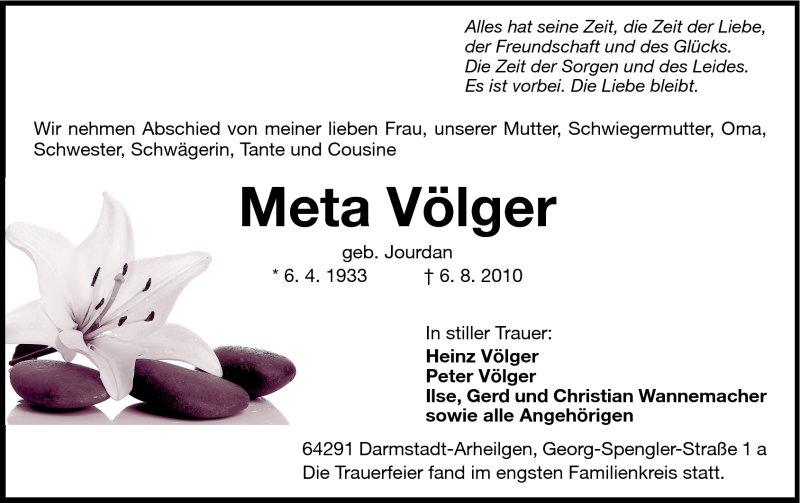  Traueranzeige für Völker Meta vom 20.08.2010 aus Echo-Zeitungen (Gesamtausgabe)