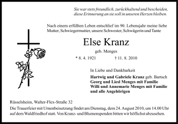 Traueranzeige von Else Kranz von Rüsselsheimer Echo, Groß-Gerauer-Echo, Ried Echo