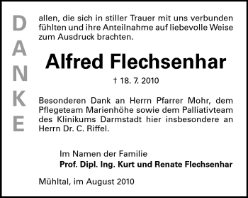 Traueranzeige von Alfred Flechsenhar von Darmstädter Echo, Odenwälder Echo, Rüsselsheimer Echo, Groß-Gerauer-Echo, Ried Echo