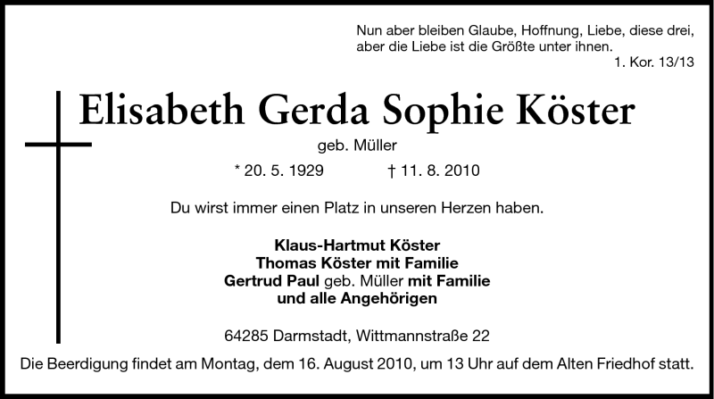  Traueranzeige für Elisabeth Gerda Sophie Köster vom 14.08.2010 aus Echo-Zeitungen (Gesamtausgabe)