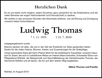 Traueranzeige von Ludwig Thomas von Echo-Zeitungen (Gesamtausgabe)