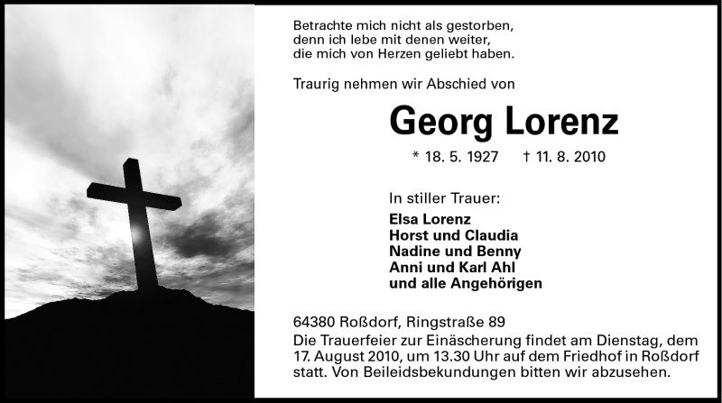  Traueranzeige für Georg Lorenz vom 14.08.2010 aus Echo-Zeitungen (Gesamtausgabe)