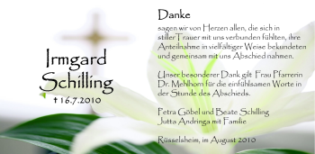 Traueranzeige von Irmgard Schilling von Rüsselsheimer Echo, Groß-Gerauer-Echo, Ried Echo