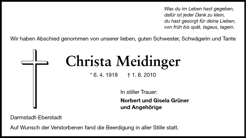  Traueranzeige für Christa Meidinger vom 14.08.2010 aus Echo-Zeitungen (Gesamtausgabe)