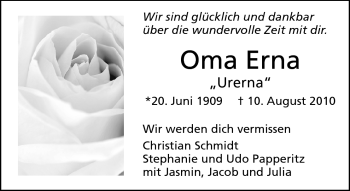 Traueranzeige von Erna Schmidt von Echo-Zeitungen (Gesamtausgabe)