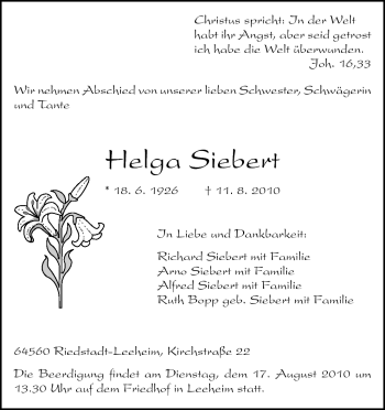 Traueranzeige von Helga Siebert von Echo-Zeitungen (Gesamtausgabe)
