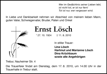Traueranzeige von Ernst Lösch von Rüsselsheimer Echo, Groß-Gerauer-Echo, Ried Echo