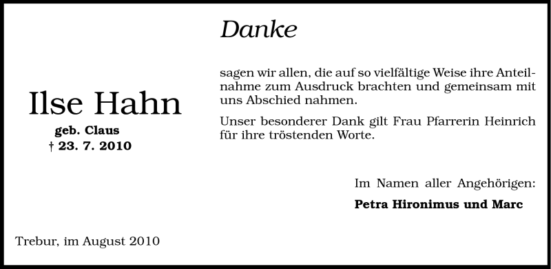  Traueranzeige für Ilse Hahn vom 20.08.2010 aus Rüsselsheimer Echo, Groß-Gerauer-Echo, Ried Echo
