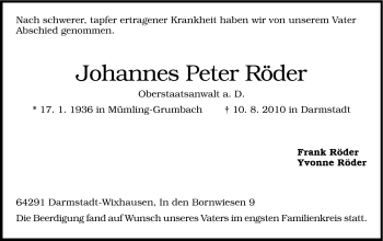 Traueranzeige von Johannes Peter Röder von Echo-Zeitungen (Gesamtausgabe)