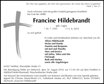 Traueranzeige von Francine Hildebrandt von Darmstädter Echo, Odenwälder Echo, Rüsselsheimer Echo, Groß-Gerauer-Echo, Ried Echo