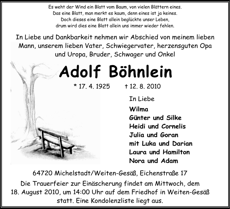  Traueranzeige für Adolf Böhnlein vom 16.08.2010 aus Odenwälder Echo