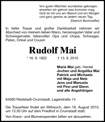 Traueranzeige von Rudolf Mai von Echo-Zeitungen (Gesamtausgabe)