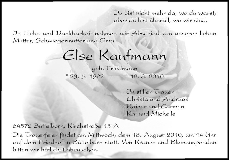  Traueranzeige für Else Kaufmann vom 17.08.2010 aus Rüsselsheimer Echo, Groß-Gerauer-Echo, Ried Echo