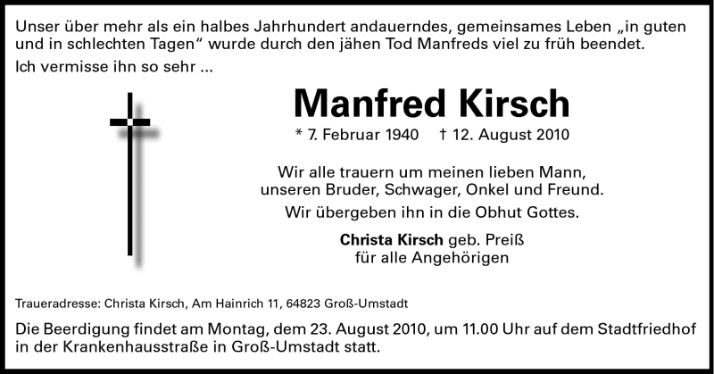  Traueranzeige für Manfred Kirsch vom 17.08.2010 aus Echo-Zeitungen (Gesamtausgabe)