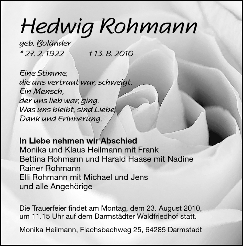  Traueranzeige für Hedwig Rohmann vom 18.08.2010 aus Darmstädter Echo, Odenwälder Echo, Rüsselsheimer Echo, Groß-Gerauer-Echo, Ried Echo