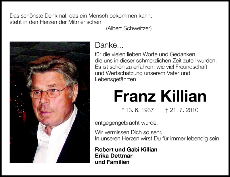  Traueranzeige für Franz Killian vom 21.08.2010 aus Darmstädter Echo, Odenwälder Echo, Rüsselsheimer Echo, Groß-Gerauer-Echo, Ried Echo