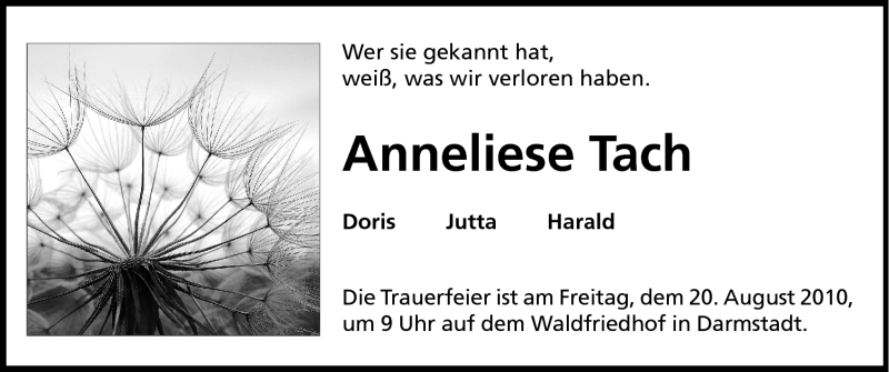  Traueranzeige für Anneliese Tach vom 18.08.2010 aus Echo-Zeitungen (Gesamtausgabe)