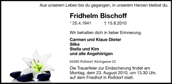 Traueranzeige von Fridhelb Bichoff von Echo-Zeitungen (Gesamtausgabe)