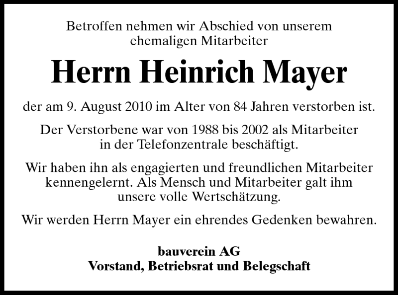  Traueranzeige für Heinrich Mayer vom 18.08.2010 aus Echo-Zeitungen (Gesamtausgabe)