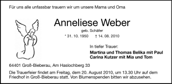 Traueranzeige von Anneliese Weber von Echo-Zeitungen (Gesamtausgabe)