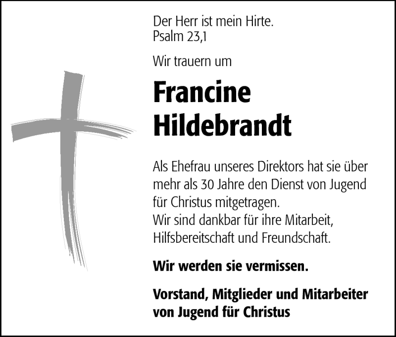  Traueranzeige für Francine Hildebrandt vom 18.08.2010 aus Echo-Zeitungen (Gesamtausgabe)