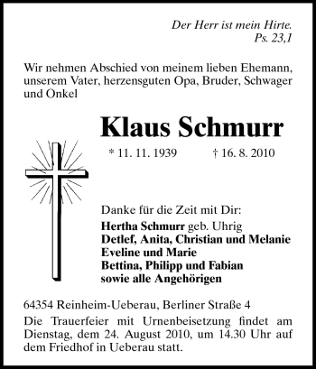 Traueranzeige von klaus Schmurr von Darmstädter Echo, Odenwälder Echo, Rüsselsheimer Echo, Groß-Gerauer-Echo, Ried Echo