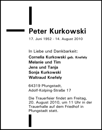 Traueranzeige von Peter Kurkowski von Echo-Zeitungen (Gesamtausgabe)