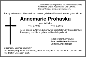 Traueranzeige von Annemarie Prohaska von Darmstädter Echo, Odenwälder Echo, Rüsselsheimer Echo, Groß-Gerauer-Echo, Ried Echo