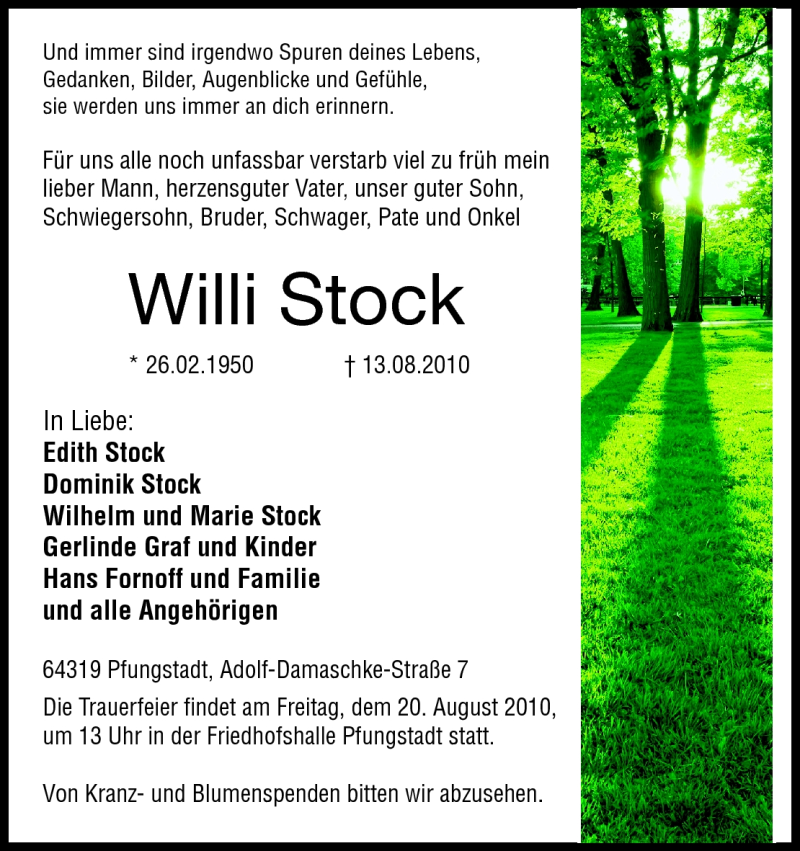  Traueranzeige für Willi Stock vom 18.08.2010 aus Echo-Zeitungen (Gesamtausgabe)