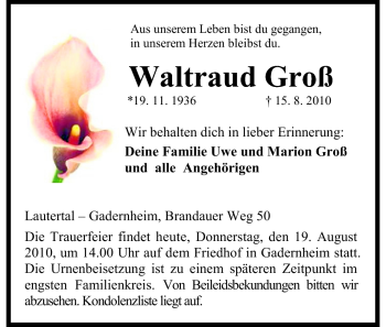 Traueranzeige von Waltraud Groß von Echo-Zeitungen (Gesamtausgabe)
