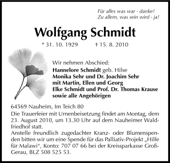 Traueranzeige von Wolfgang Schmidt von Rüsselsheimer Echo, Groß-Gerauer-Echo, Ried Echo