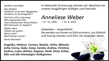 Traueranzeige von Anneliese Weber von Echo-Zeitungen (Gesamtausgabe)