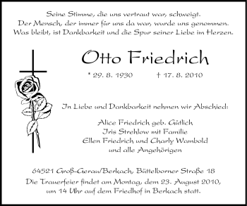 Traueranzeige von Otto Friedrich von Rüsselsheimer Echo, Groß-Gerauer-Echo, Ried Echo