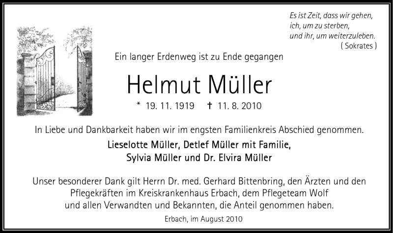  Traueranzeige für Helmut Müller vom 19.08.2010 aus Odenwälder Echo