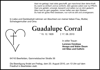 Traueranzeige von Guadalupe Corral von Odenwälder Echo