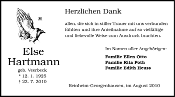 Traueranzeige von Else Hartmann von Echo-Zeitungen (Gesamtausgabe)
