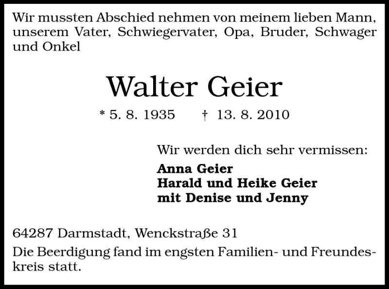  Traueranzeige für Walter Geier vom 21.08.2010 aus Echo-Zeitungen (Gesamtausgabe)