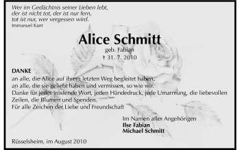 Traueranzeige von Alice Schmitt von Rüsselsheimer Echo, Groß-Gerauer-Echo, Ried Echo